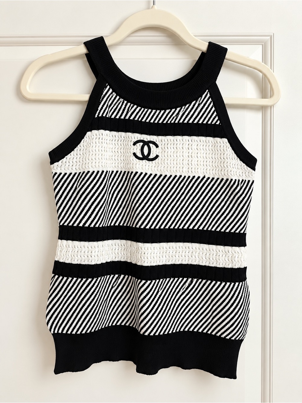 Source Unknown Black and White Striped Knit Tank with CC Emblem